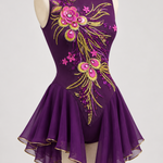 An illustration of the a gold ,pink and purple sequinned applique on a purple lyrical costume with three quarter circle skirt edged with gold trim.