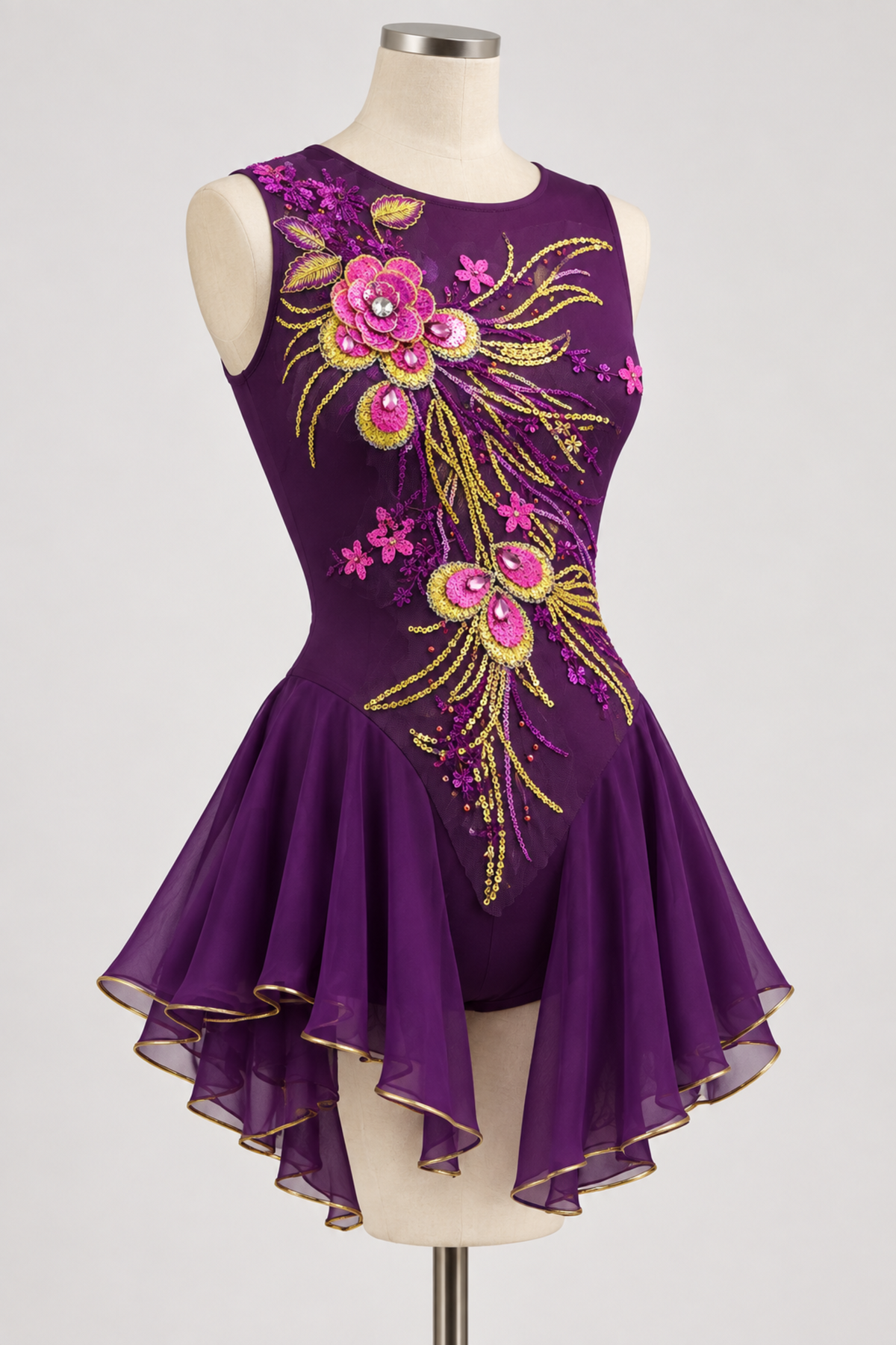 An illustration of the a gold ,pink and purple sequinned applique on a purple lyrical costume with three quarter circle skirt edged with gold trim.