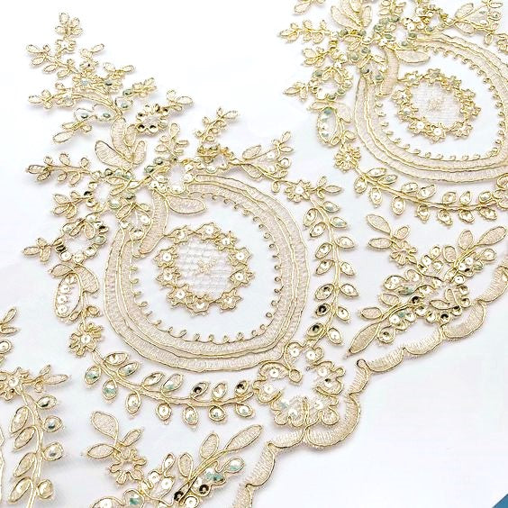 Medallion style gold lace border trim with gold cording and sequins 