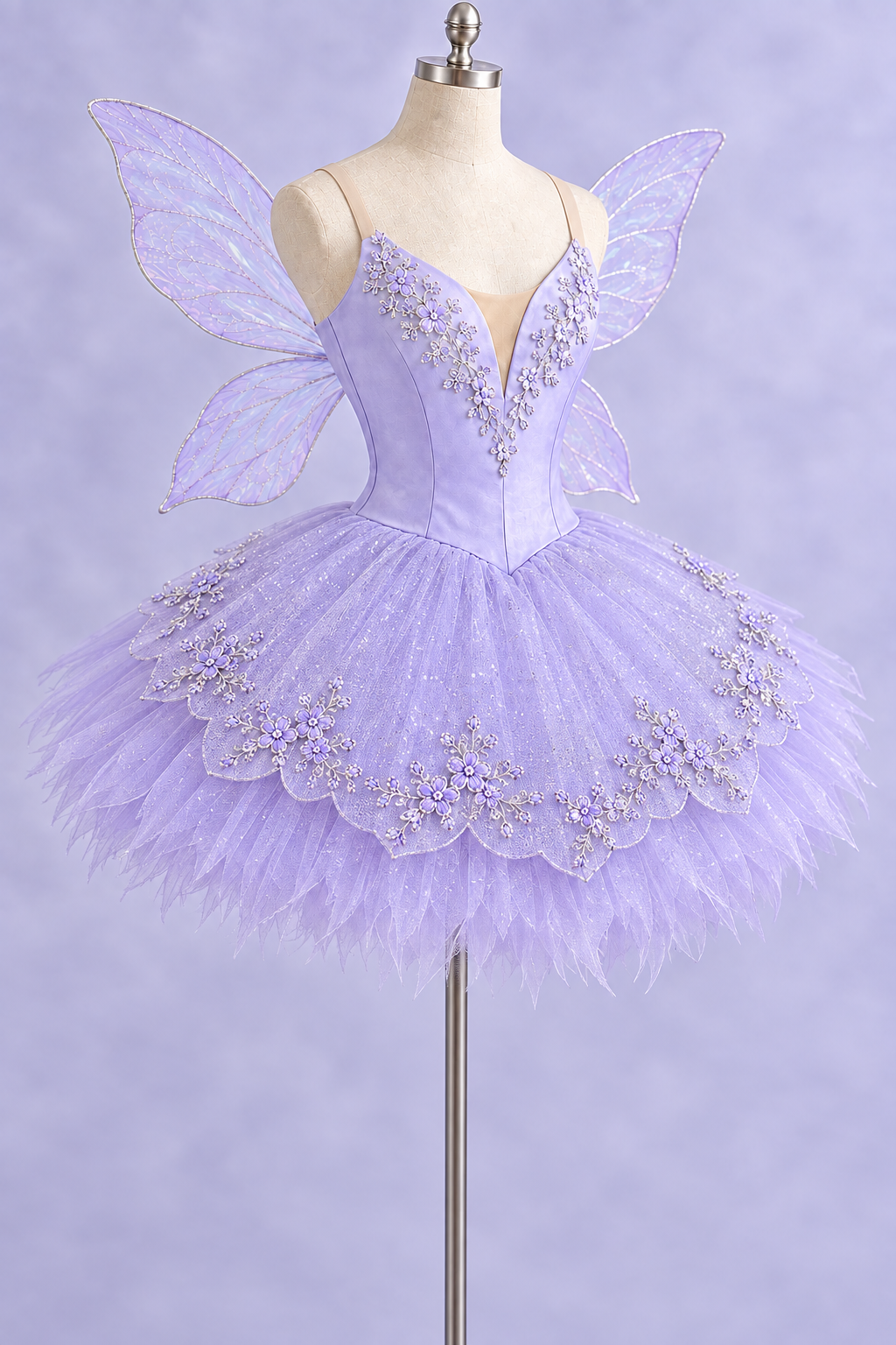 Lilac fairy costume with an appliqué-trimmed lilac plate, silver sparkle net and feathered tulle skirt edge