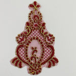 Single burgundy applique embroidered onto an organza backing and edged with bright gold cord.  Perfect for decorating a ballet tutu skirt or bodice or a boys military or regal costume.