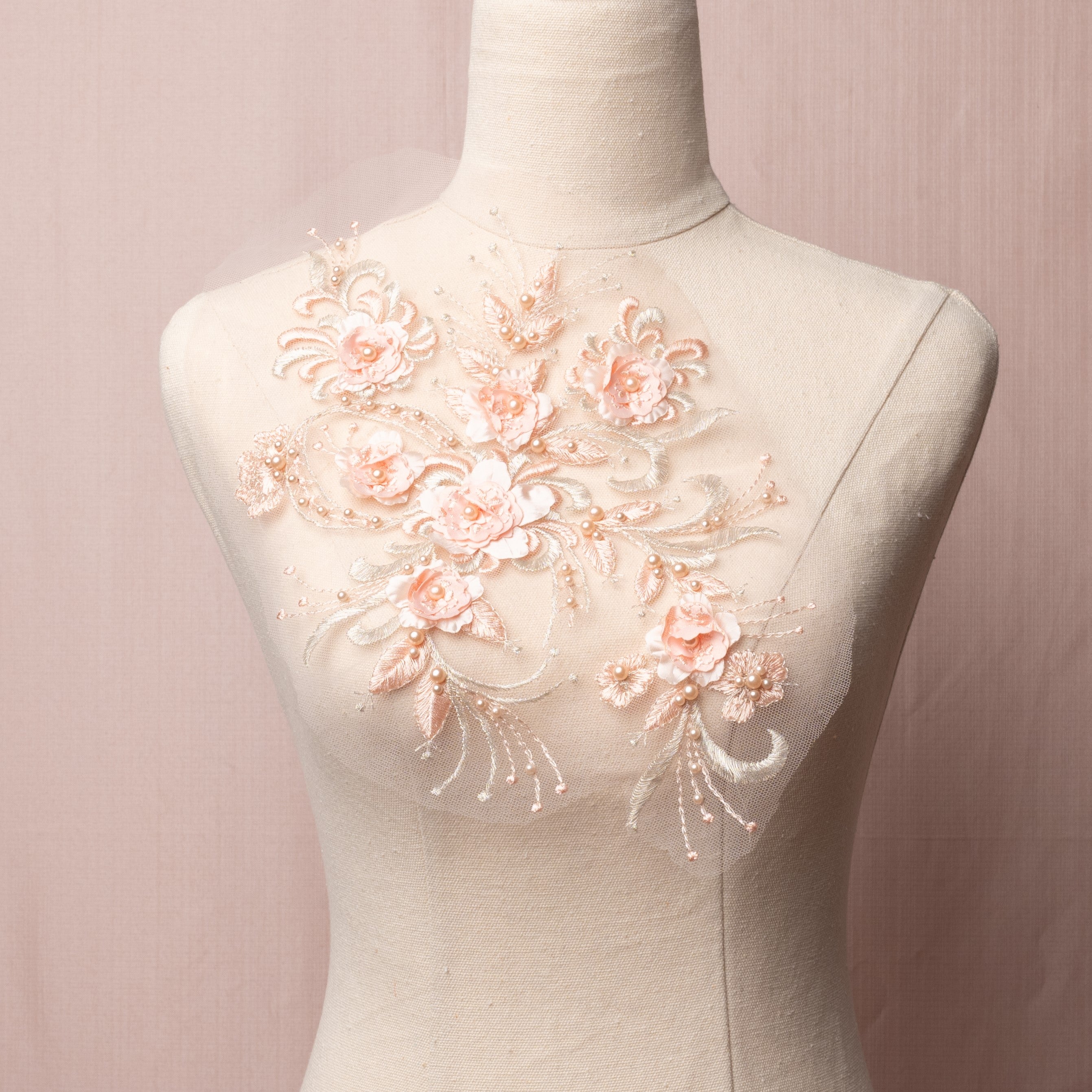 An embroidered apricot applique on net with 3d flowers , pale apricot pearls and silvery swirling stems.  