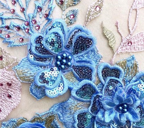 Blue 3D flower applique  with sequins and pearls .