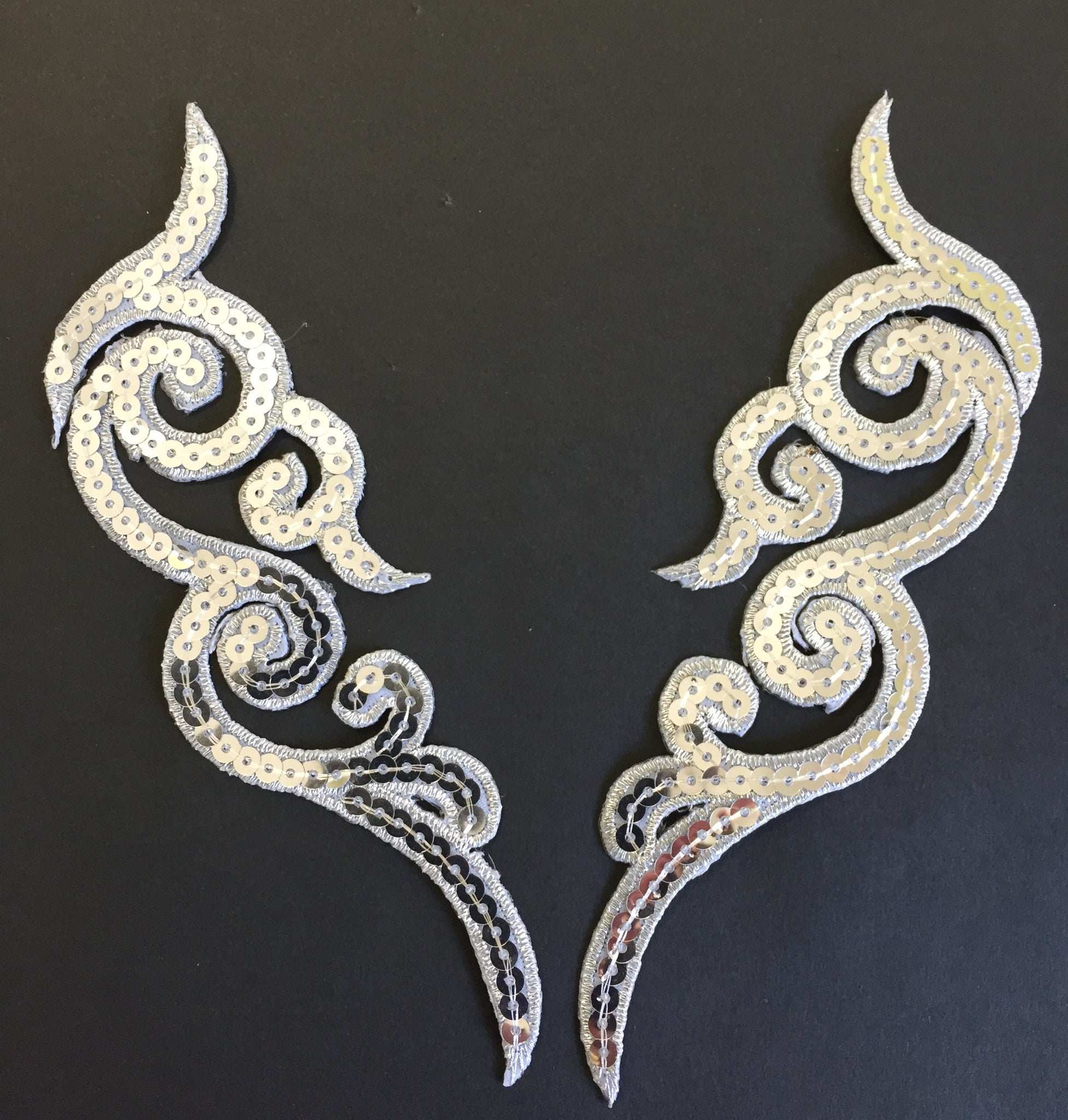 Silver Sequin Applique with a scroll design.  Perfect for Cosplay costumes.