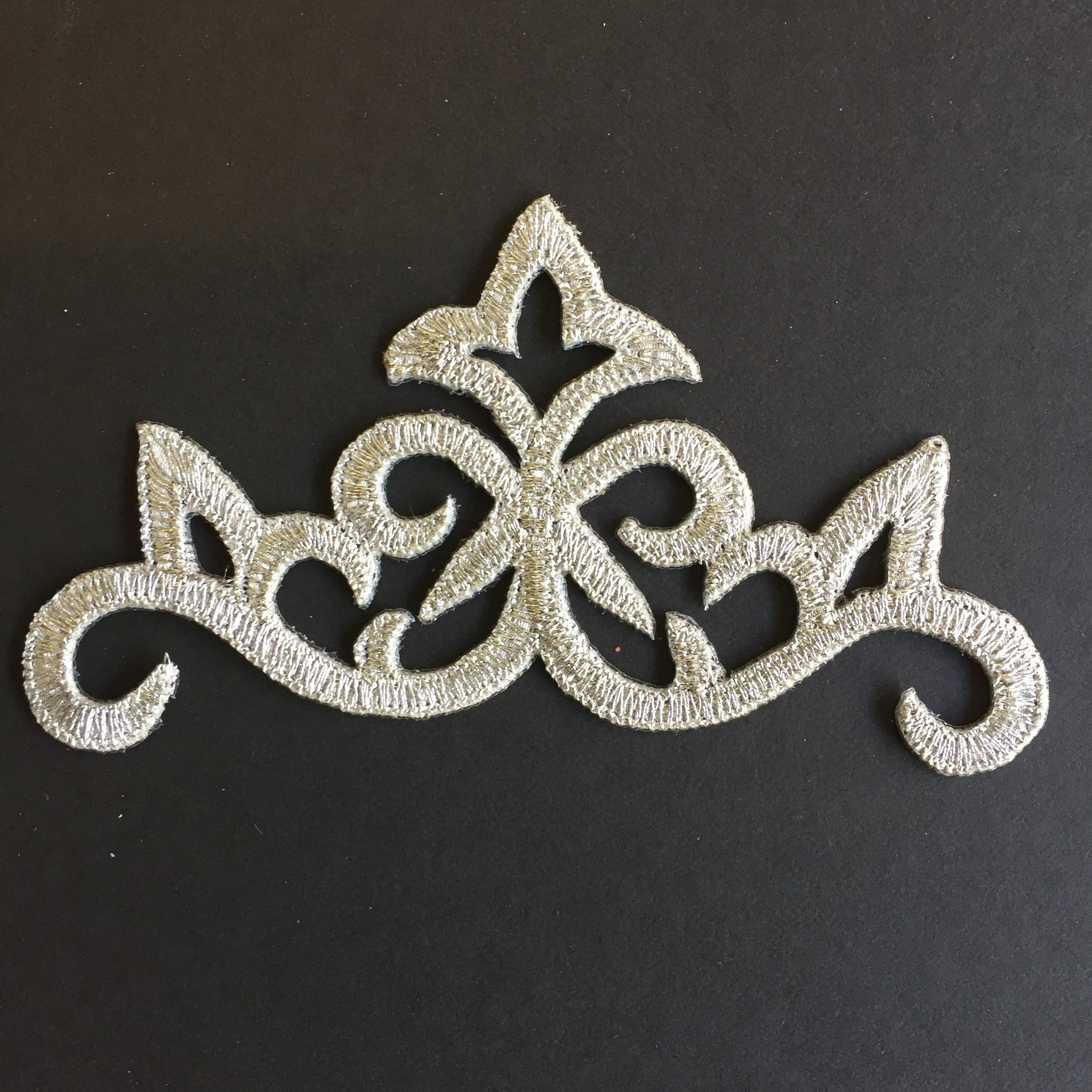 Baroque style metallic silver iron on applique suitable for decorating, dance, stage and cosplay costumes