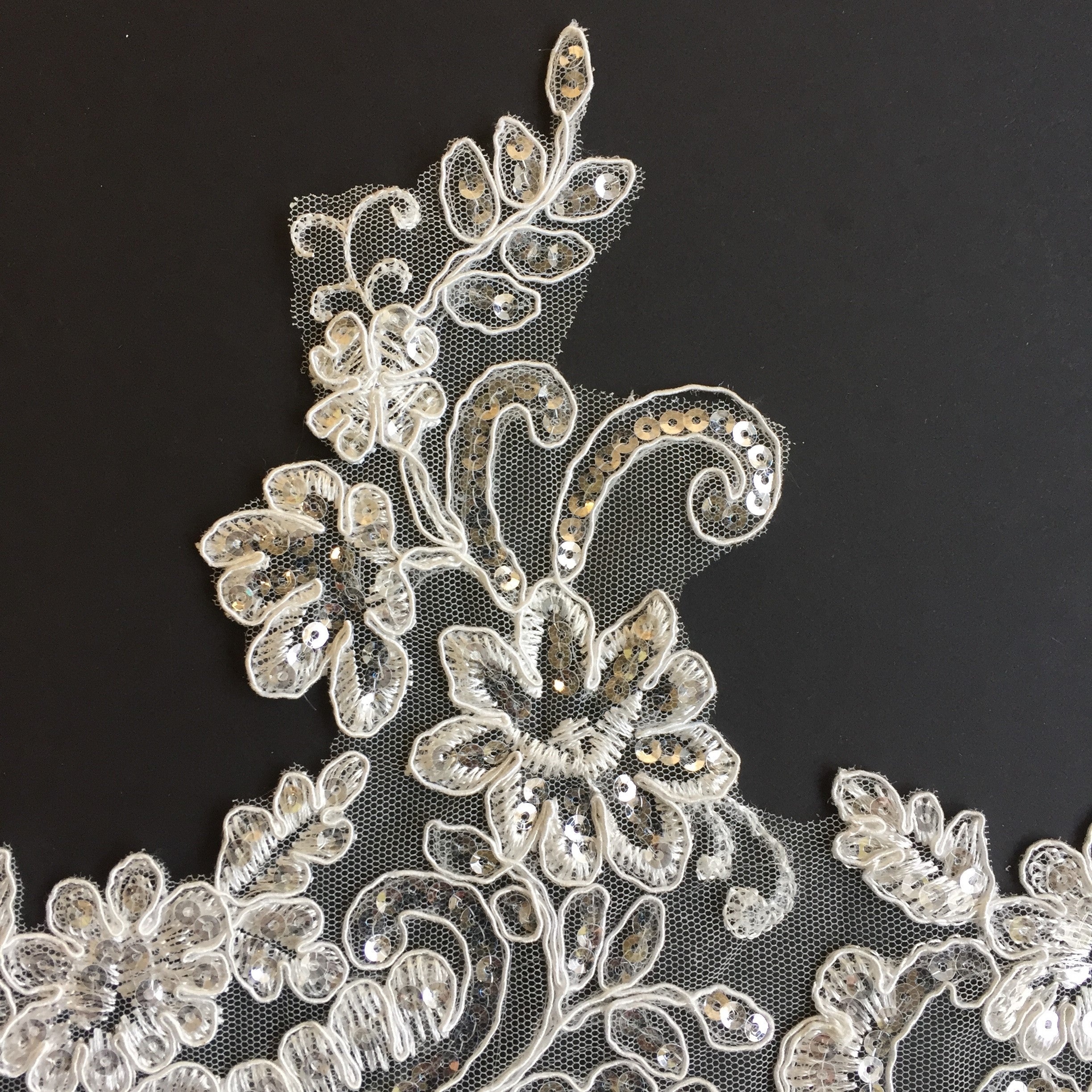 Silvery sequins fill all motifs on this ivory border lace . and 