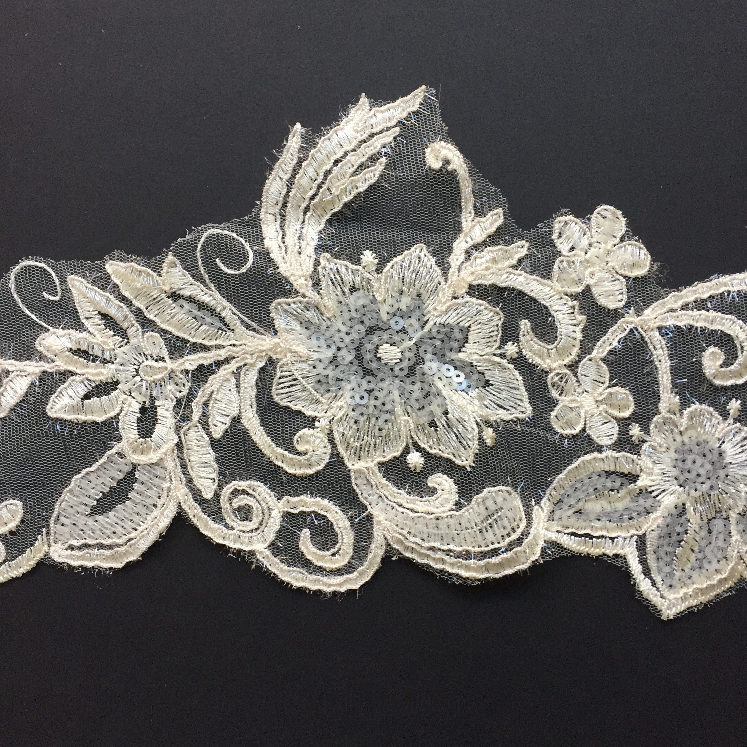 Champagne floral lace border with sequins and glitter thread, perfect for dance and stage costumes, evening wear and bridal wear