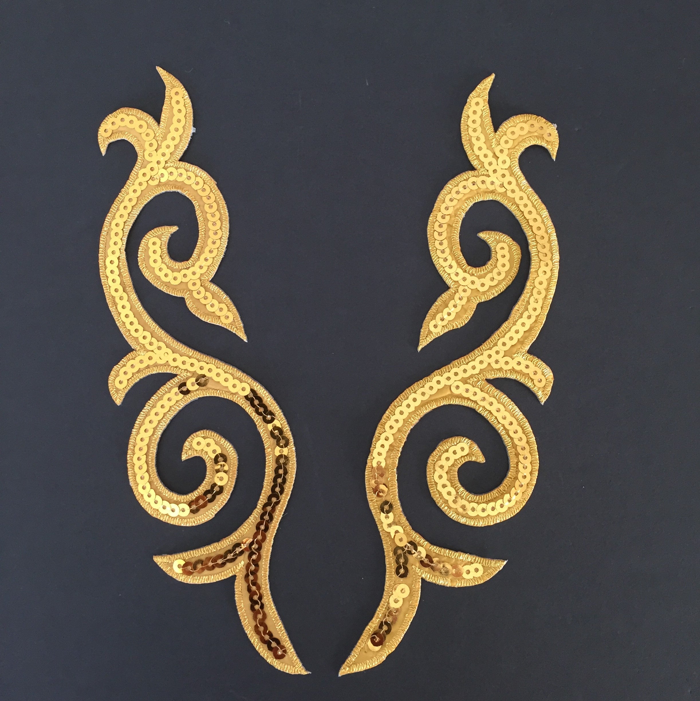 Sequinned Baroque Style Gold Scroll Pair. Popular for Cosplay and Costumes