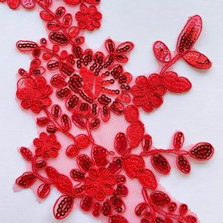 Red corded floral applique pair heavily embroidered with sequins. Very sparkly red sequinned floral applique pair perfect for dance and stage costumes and evening wear. 