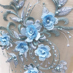 Pale  blue 3D floral applique piece perfect for  a stage or dance costume.  Flower  centres and leaves are embellished with a blue pearl.