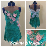 Photo collage showing pink and gold floral applique used as a decoration for a Tinkerbell costume.  The collage shows the front and back of the costume and a close up of the costume bodice.