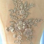 Silvery grey beaded floral applique pair with 3D flowers.