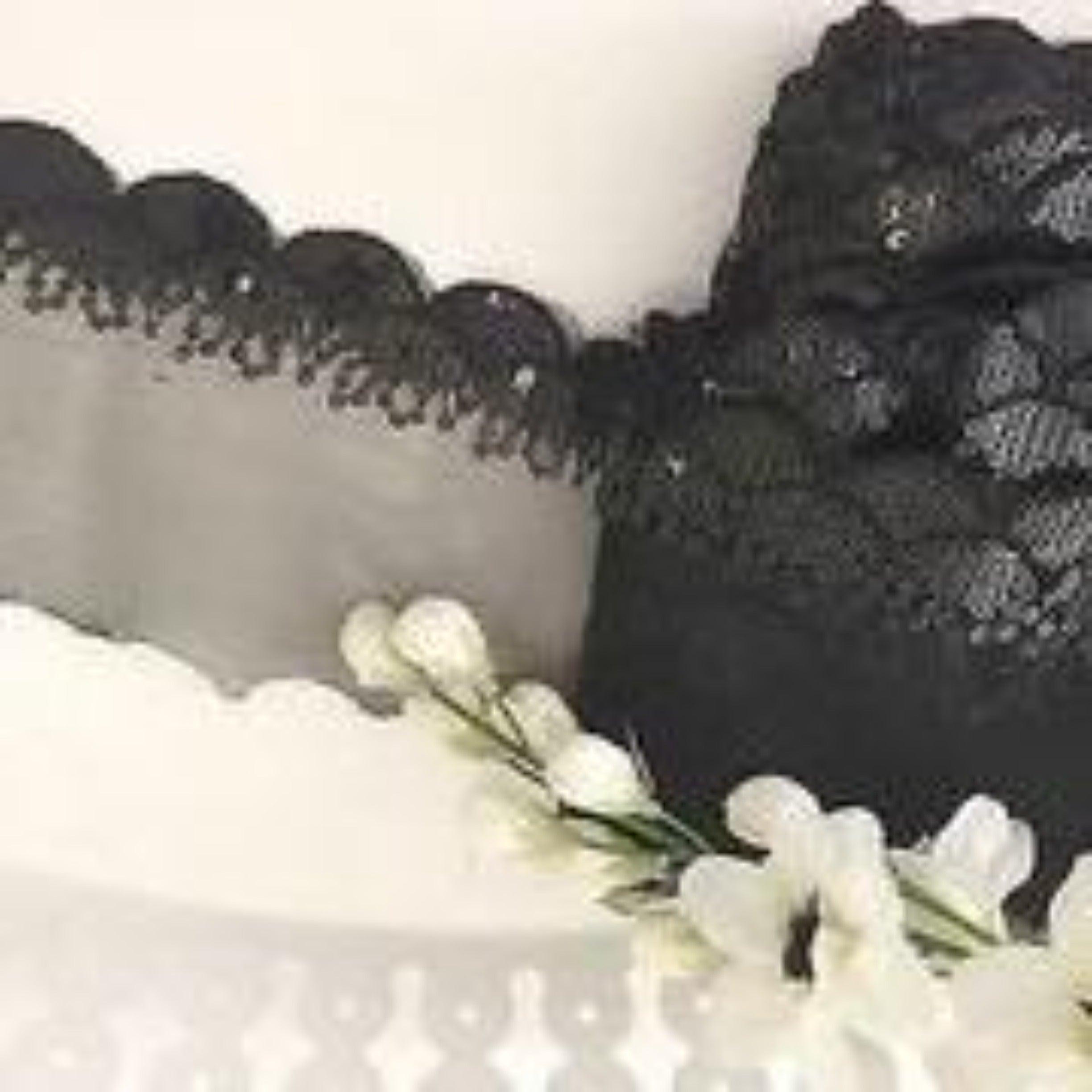Scalloped edge of this trim is embellished with rows of shimmering tiny black sequins.  The soft net backing is ideal for gathering to create a stunning edged finish.  This would also create a stunning edge for a black tutu plate. 